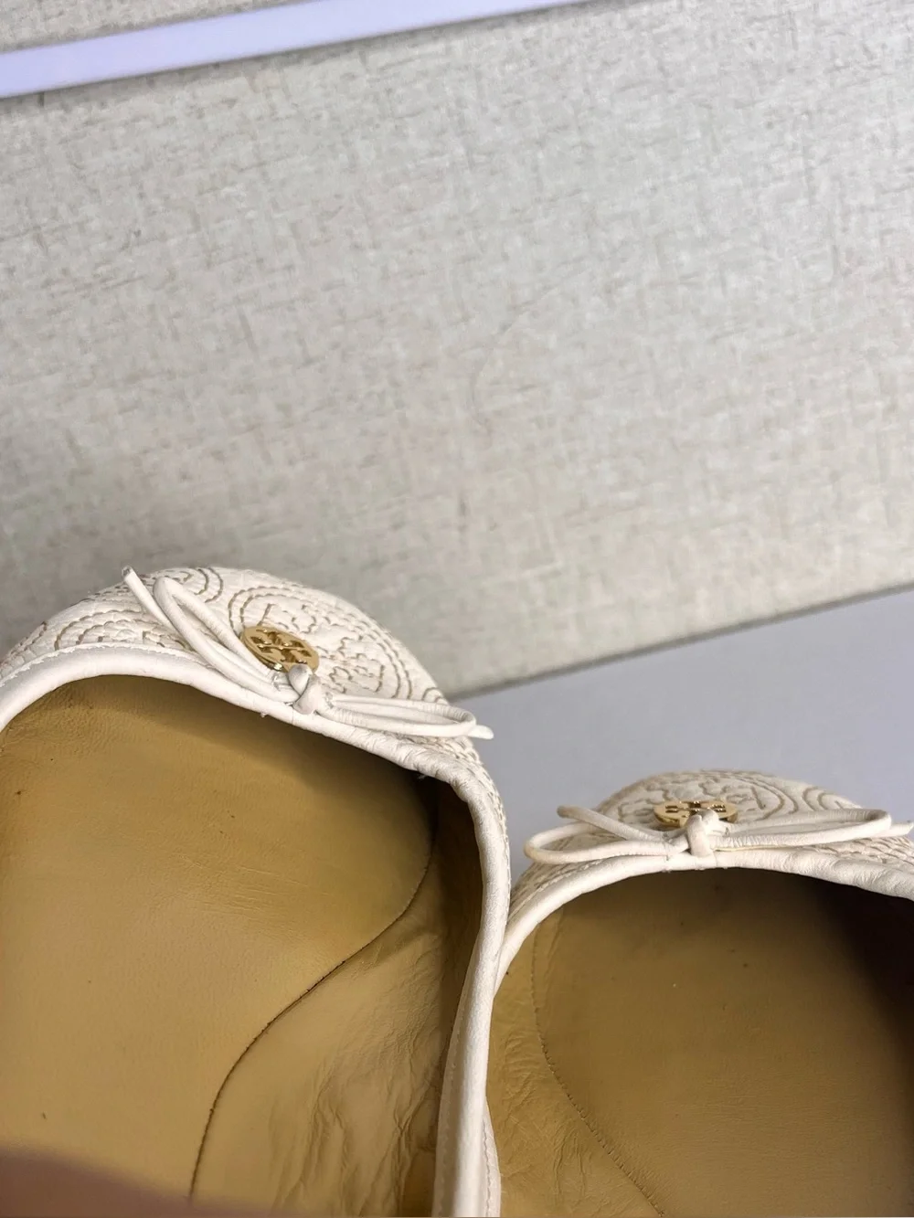 Tory Burch Cream Embroidered Ballet Flat with Logo Medallion